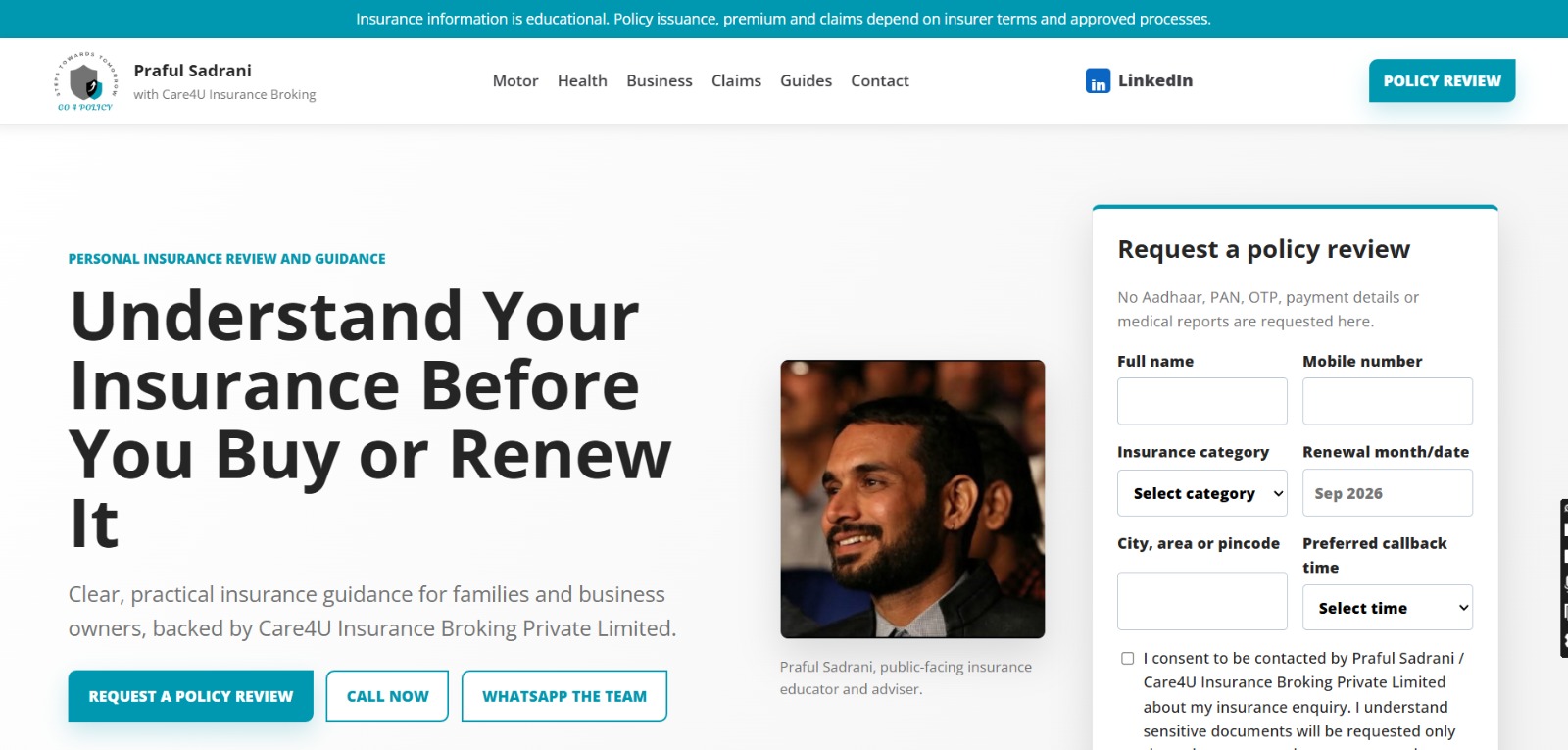 Praful Sadrani Go 4 Policy insurance guidance website